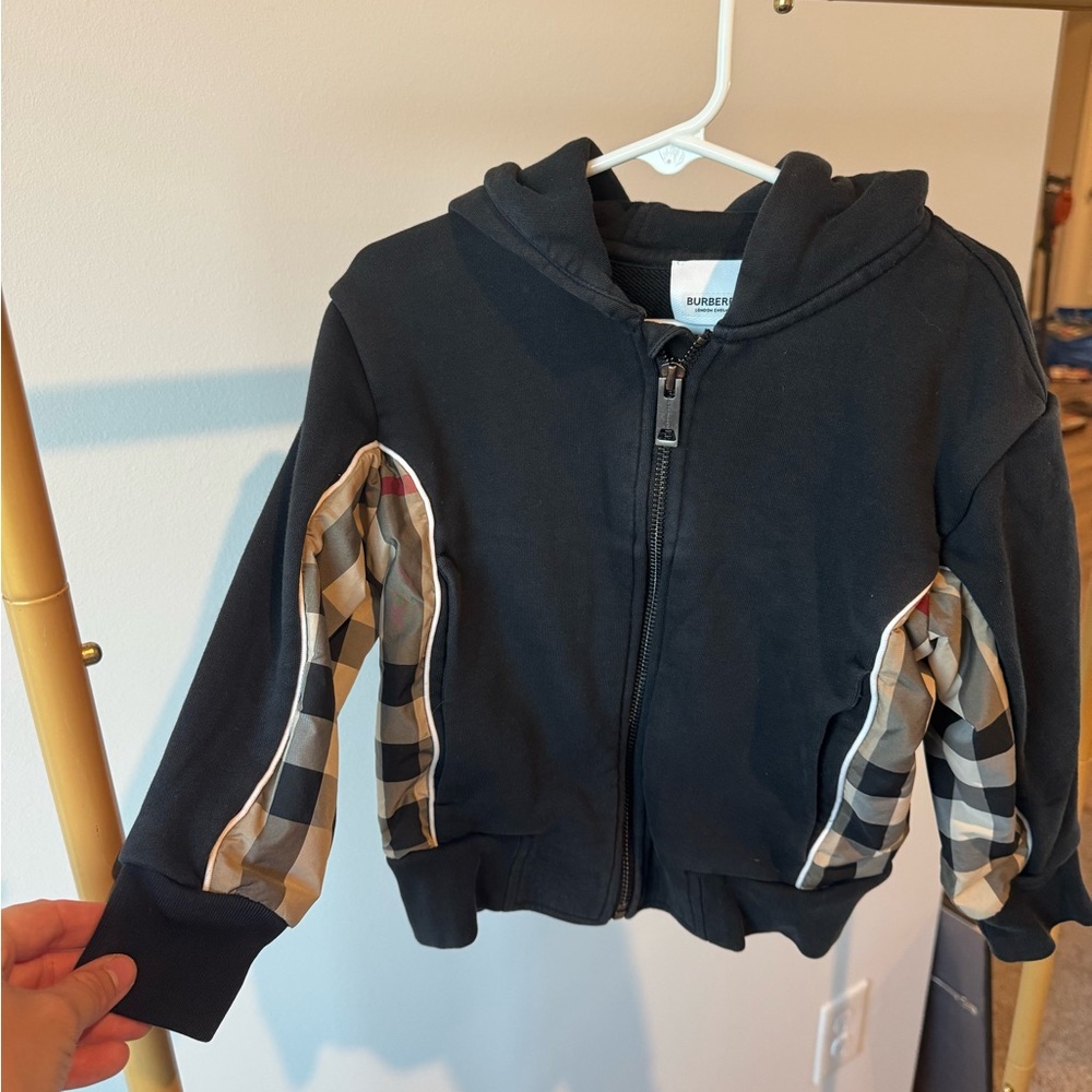 Burberry Black Kids Hoodie with Beige Check Sleeve Panels